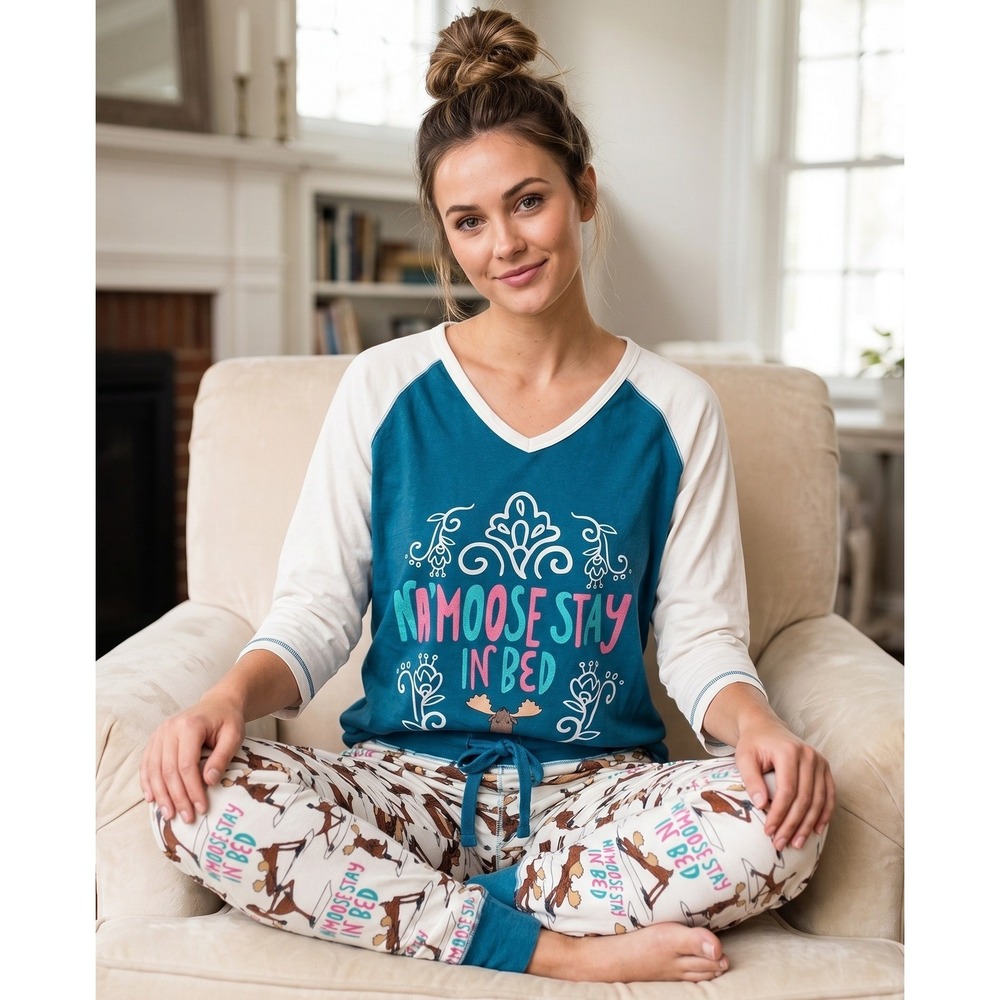 Lazy One Pajama Set Women's XL Namoose Stay In Bed Teal Yoga Moose Lounge Comfy